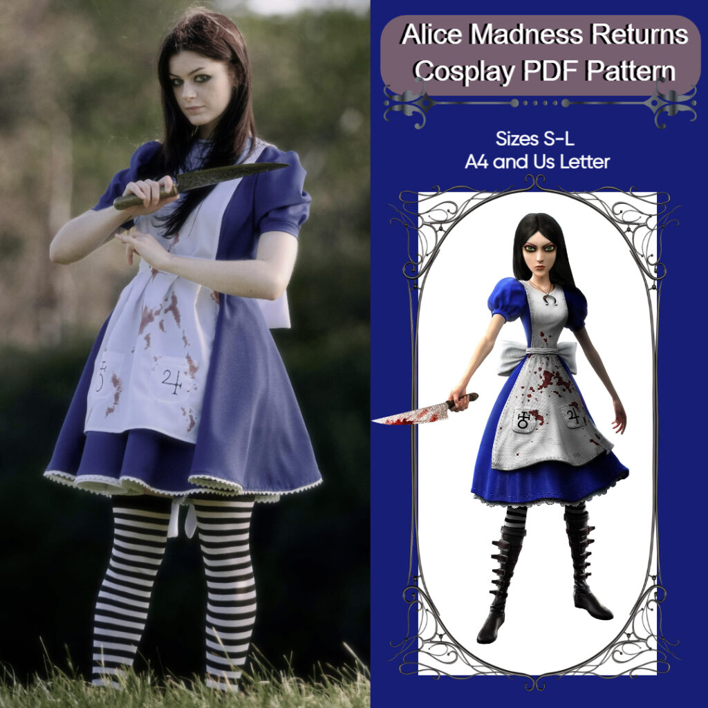 Alice's dress and apron from Alice Madness Returns. Showing off the dress and Apron from the pattern compared to the game. A4 and US Letter.