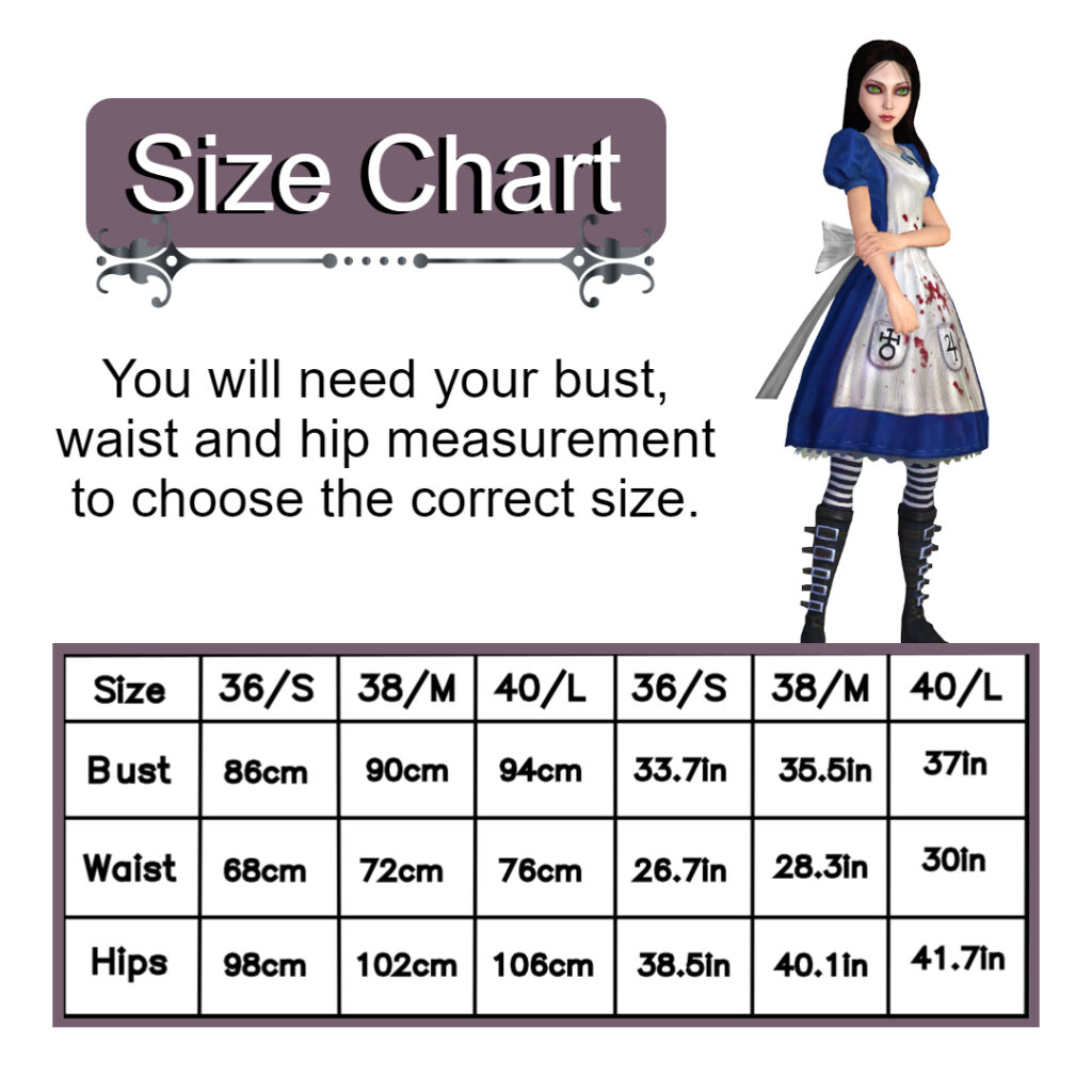 Alice's dress and apron from Alice Madness Returns. Sizing chart in three sizes; small, medium and large.