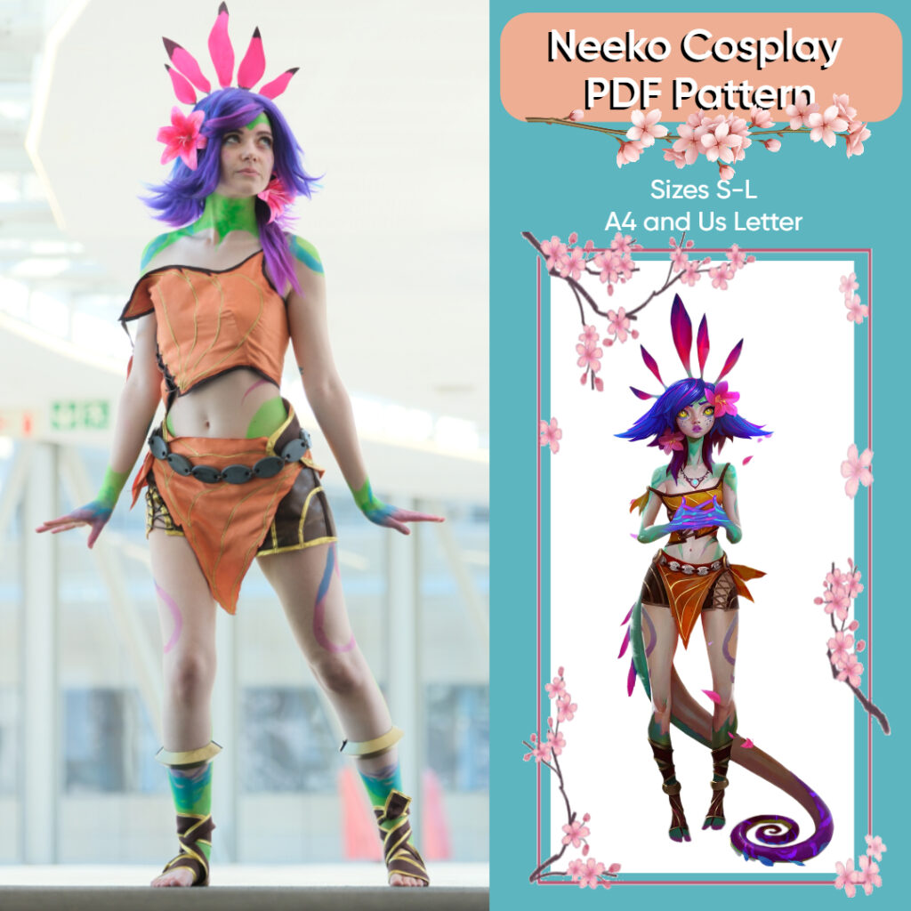Neeko's cloths from league of legends.
Comes in three sizes; small, medium and large. A4 and US Letter. Showing the finished product compared to the in game dress.