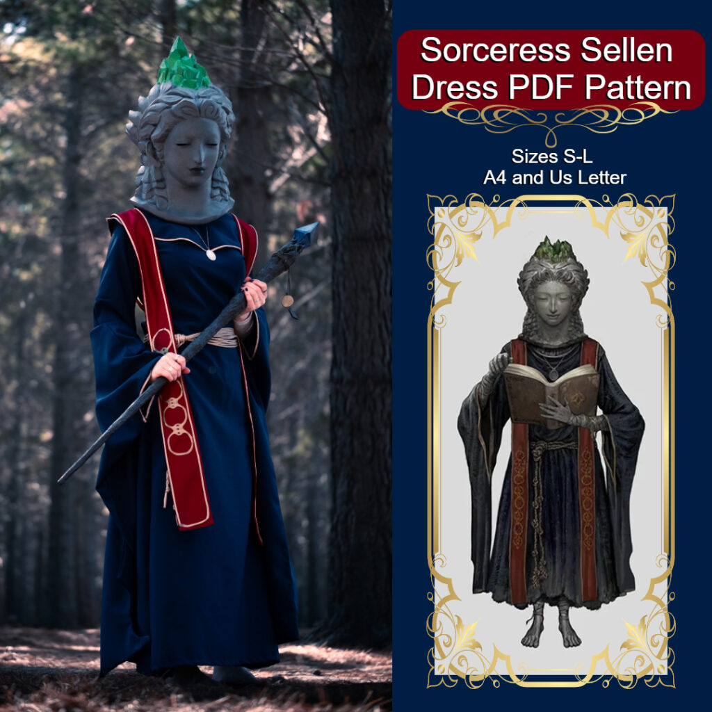 Sellens dress from the game elden ring as a downloadable pdf pattern in three sizes; small, medium and large. A4 and US Letter. Showing off the finished product to the in game dress.