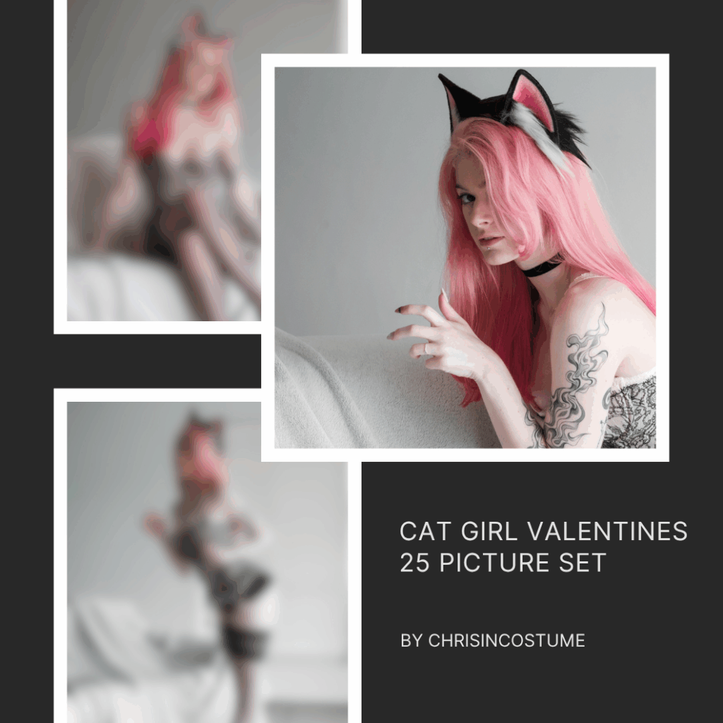 Image of three images of a Cat girl in a corset, 2 blurred and one blurred.